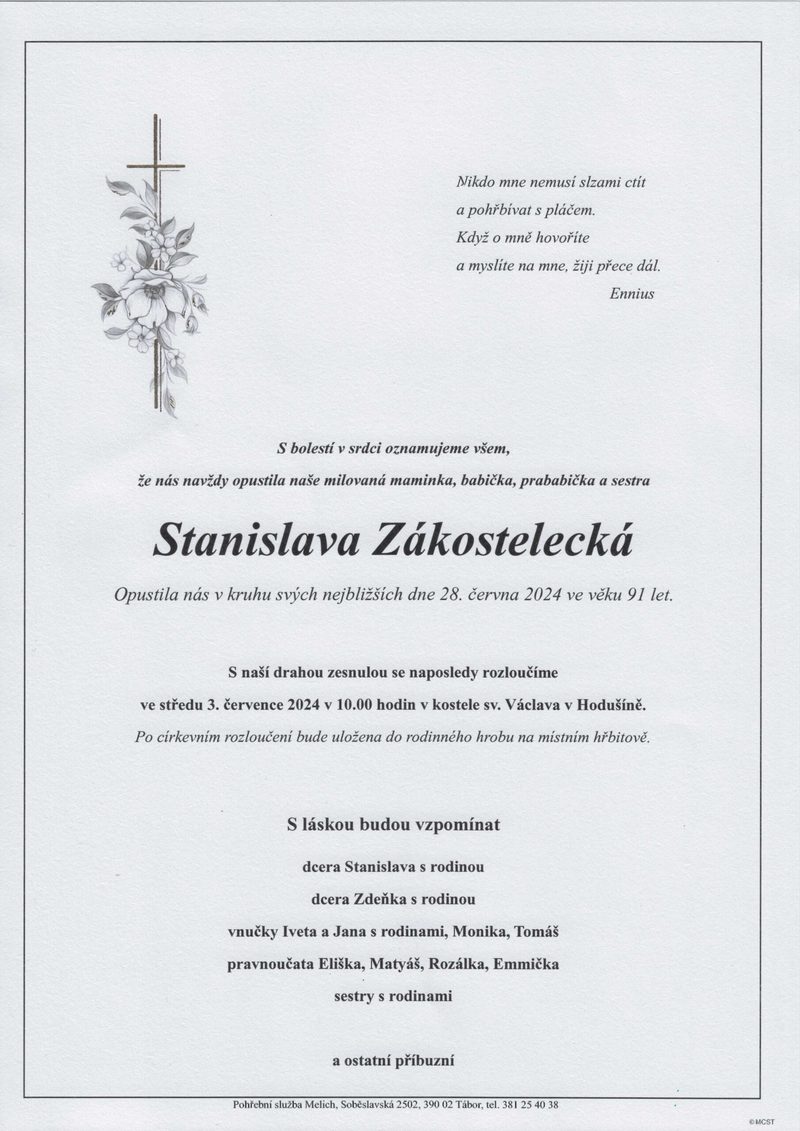 Smuteční oznámení – Stanislava Zákostelecká