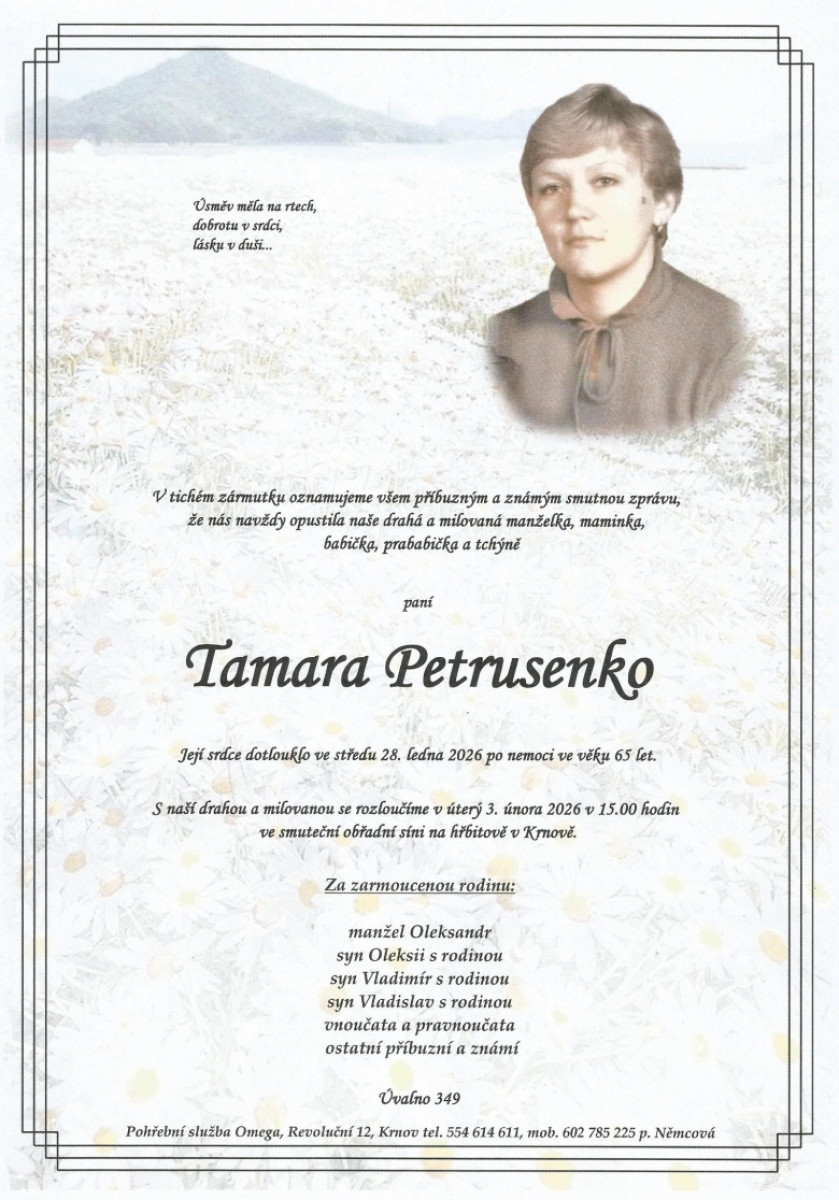 Smuteční oznámení – Tamara Petrusenko