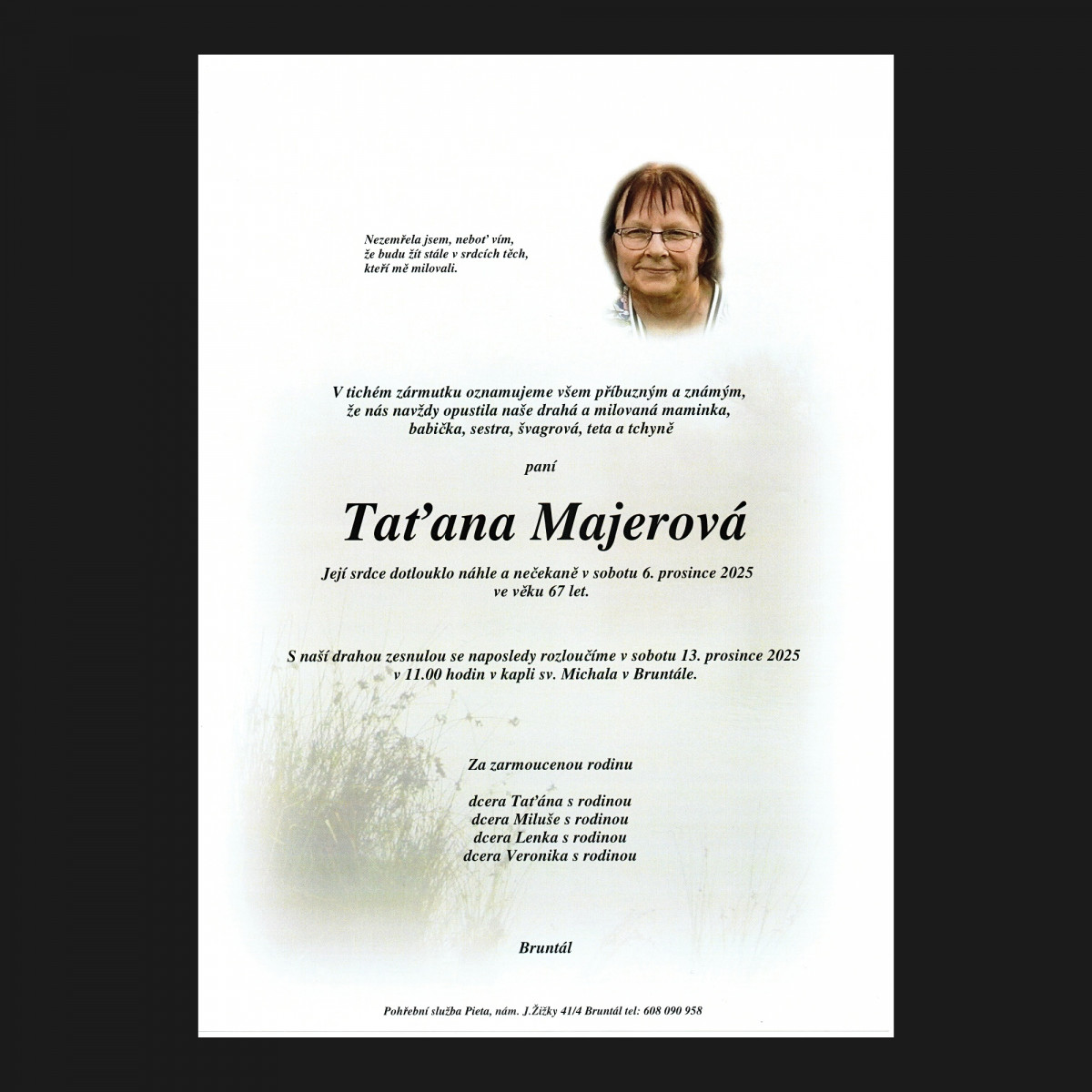 Smuteční oznámení – Taťana Majerová