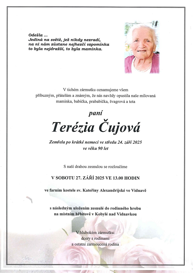 Smuteční oznámení – Terezie Cujova
