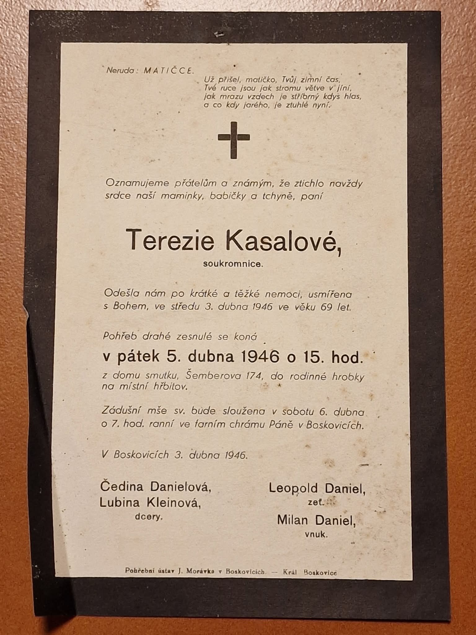 Smuteční oznámení – Terezie Kasalové