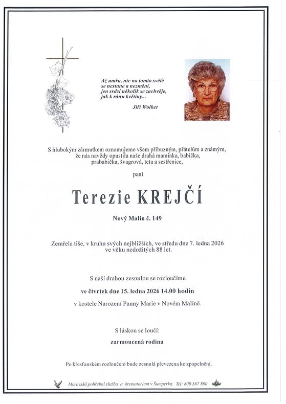 Smuteční oznámení – Terezie Krejčí