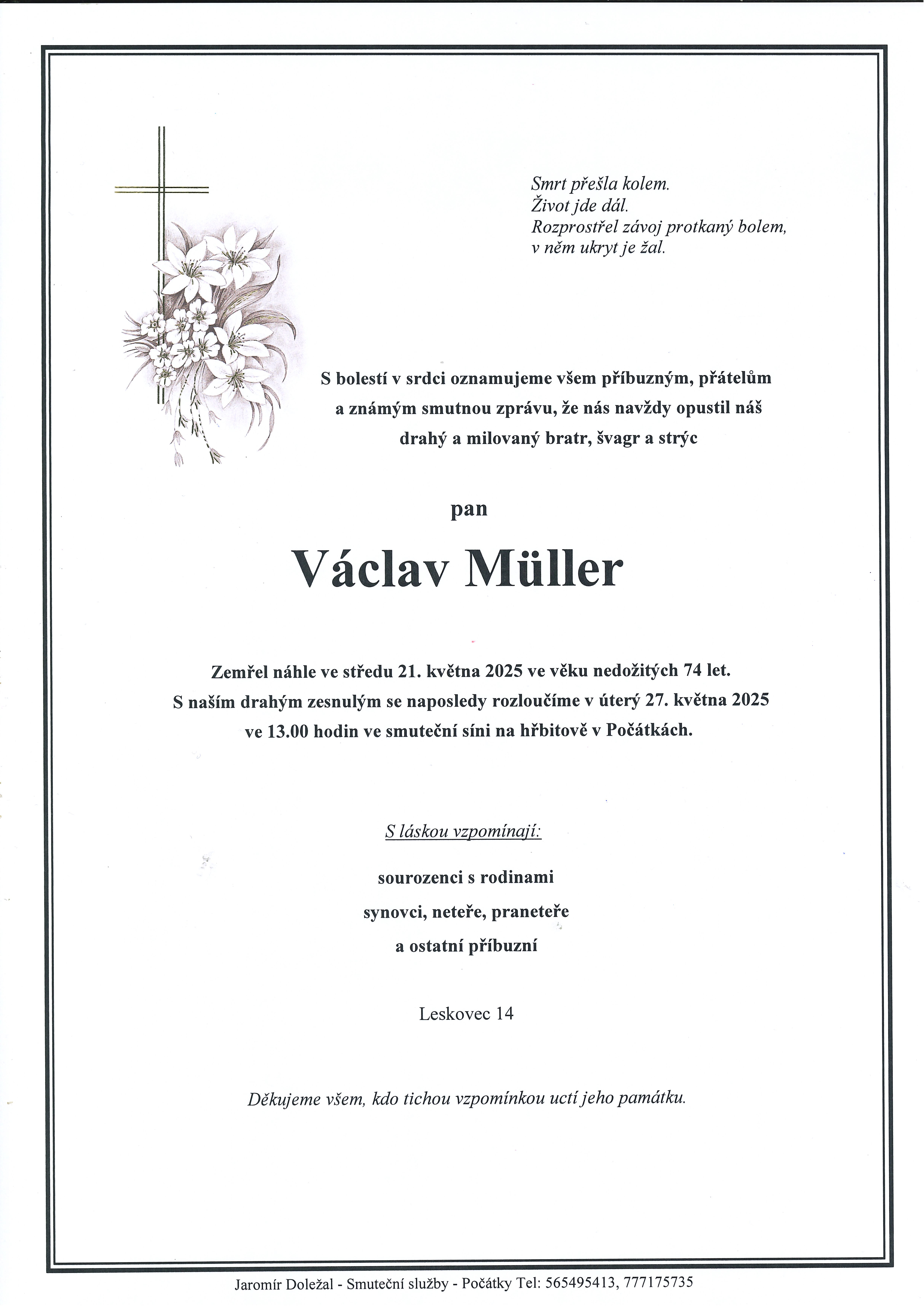 Smuteční oznámení – Václav Miller