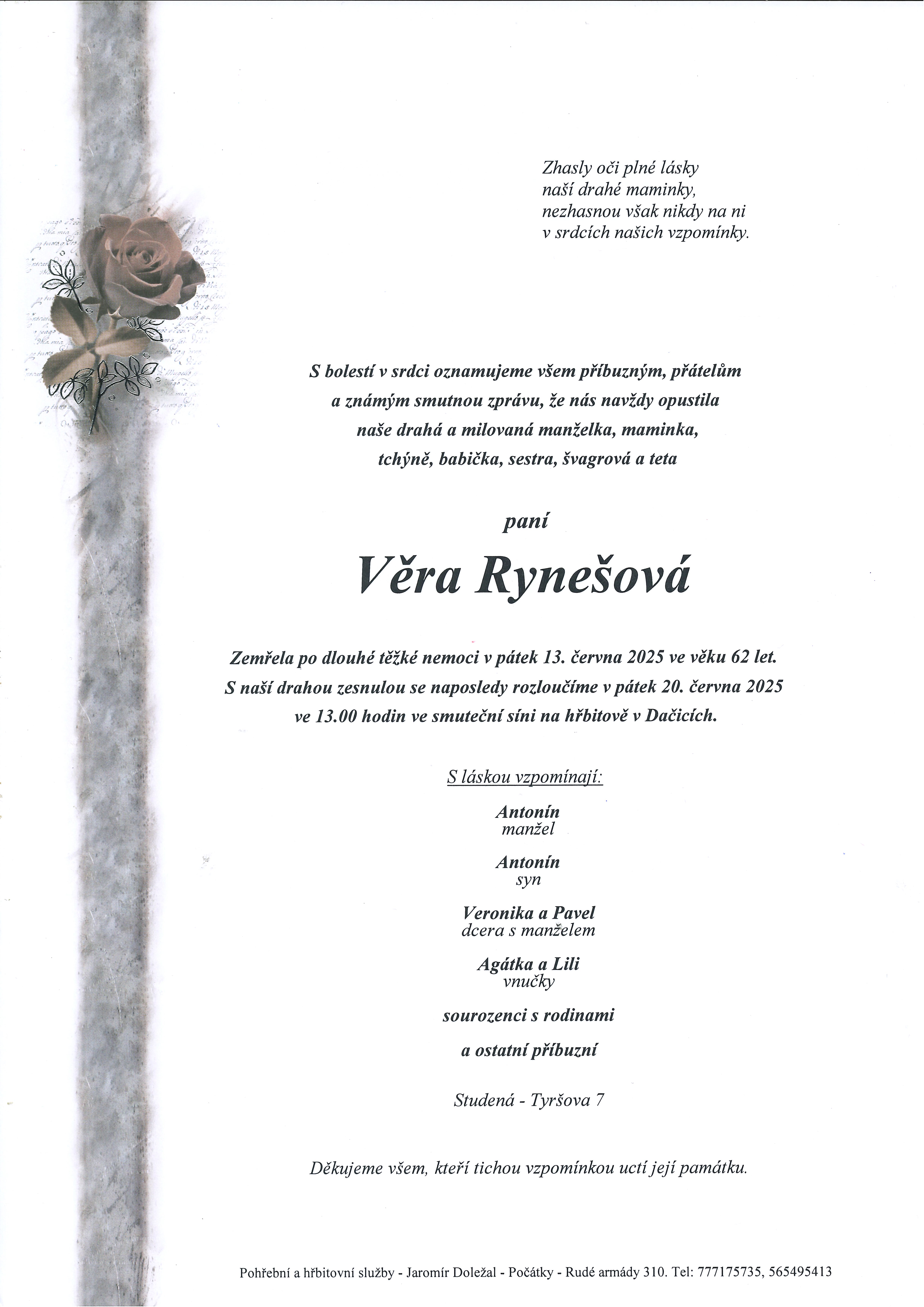 Smuteční oznámení – Věra Rynešová