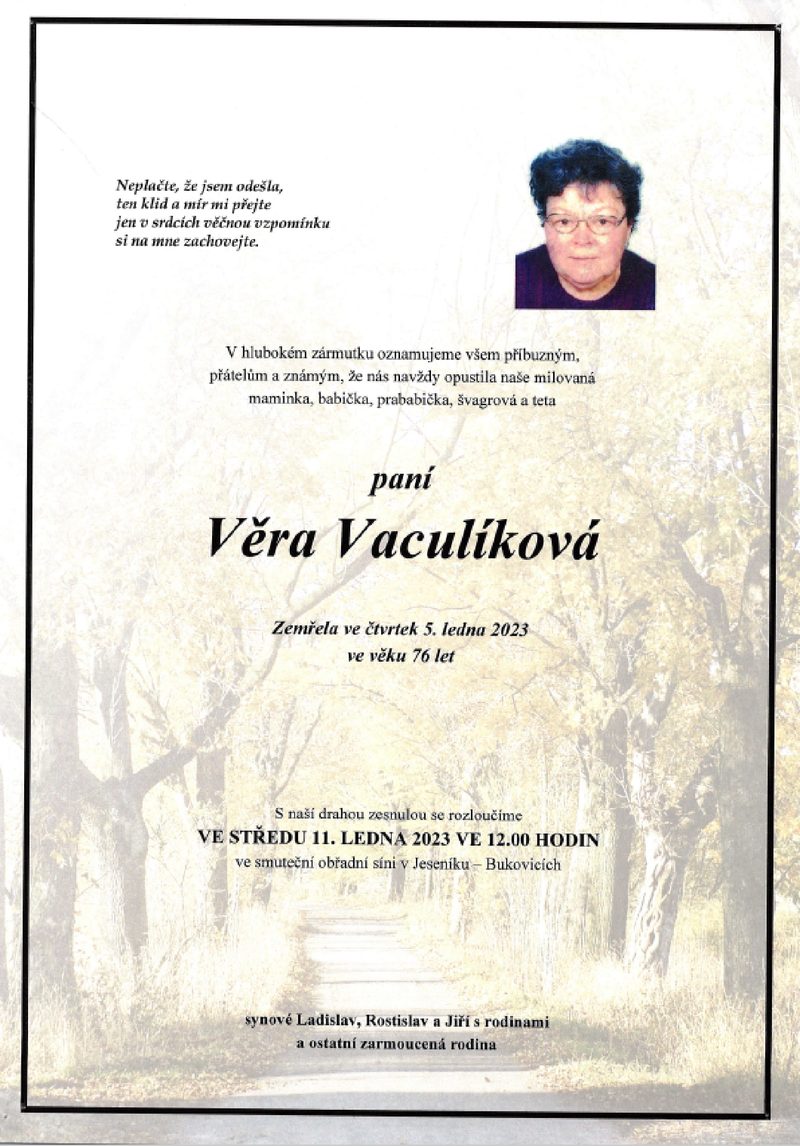 Smuteční oznámení – Věra Vaculíková