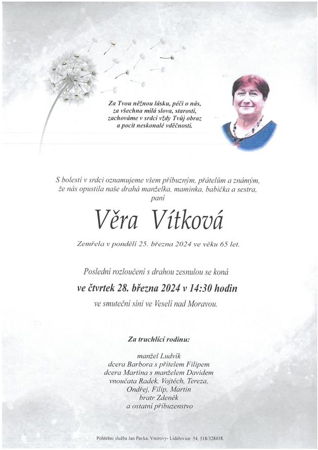 Smuteční oznámení – Věra Vítková