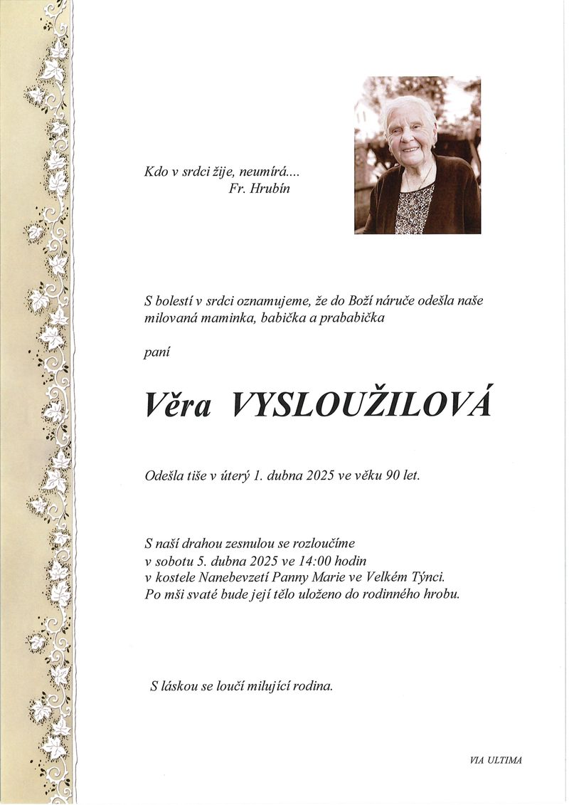 Smuteční oznámení – Věra Vysloužilová