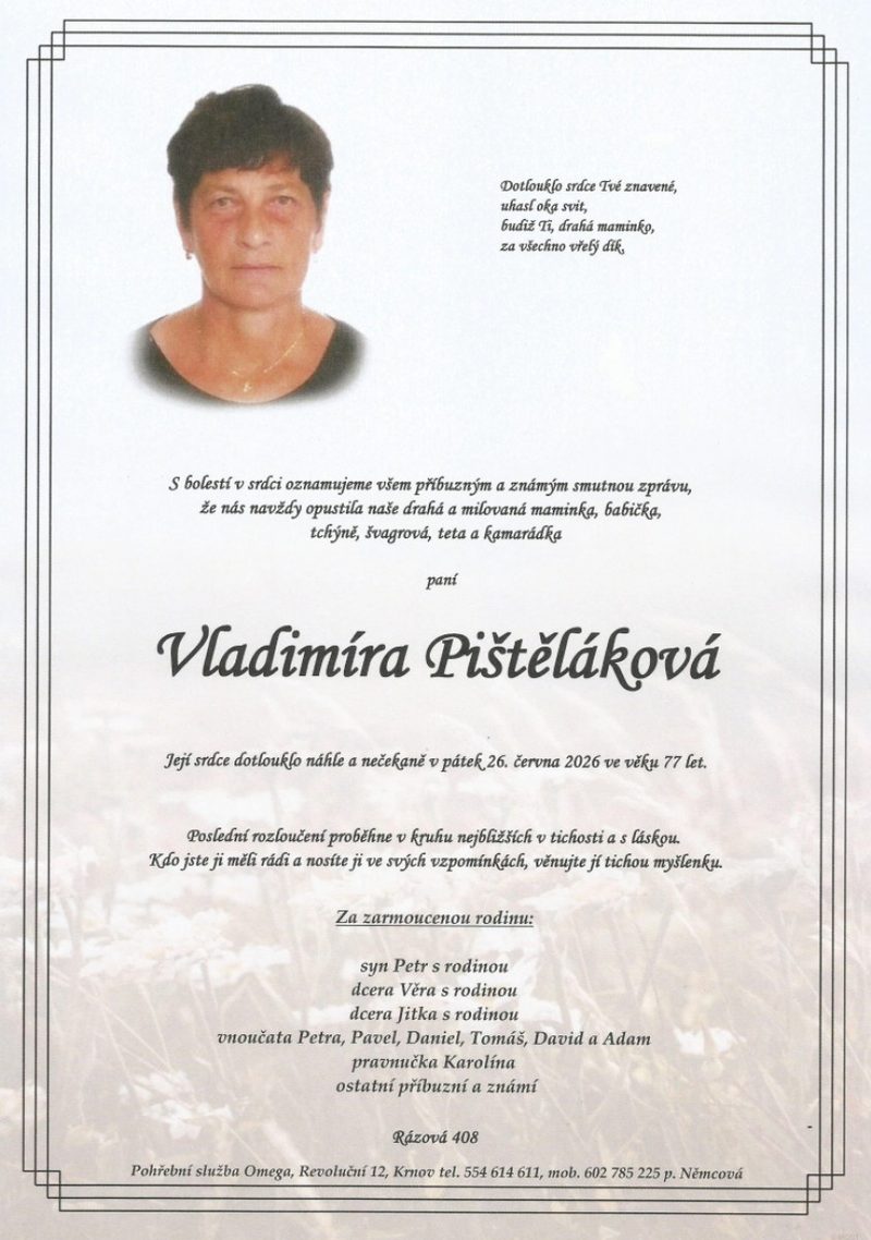 Smuteční oznámení – Vladimíra Pištěláková