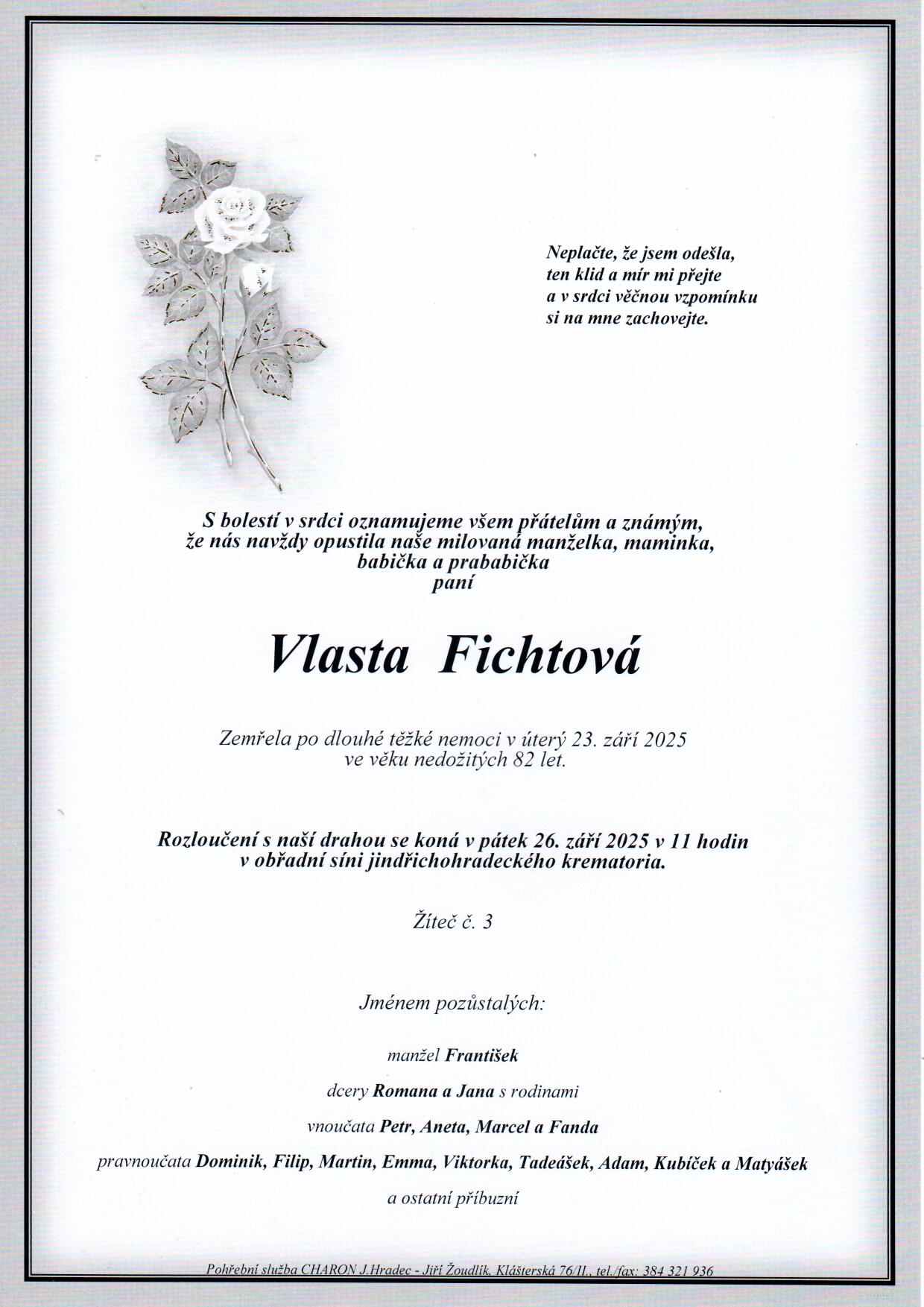 Smuteční oznámení – Vlasta Fichtová