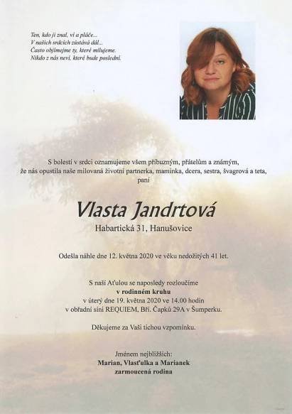 Smuteční oznámení – Vlasta Jandrtová Jandrtova