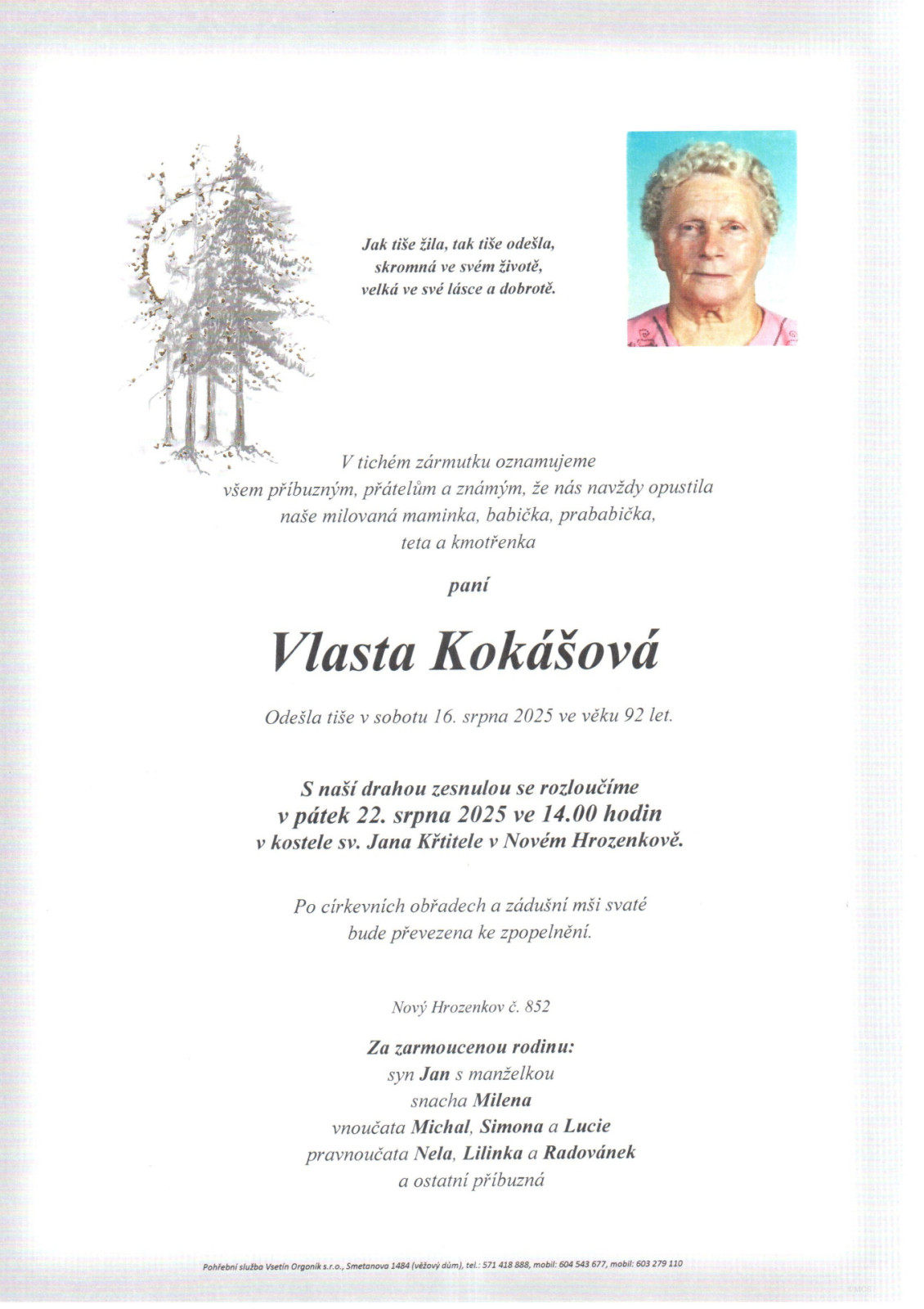 Smuteční oznámení – Vlasta Kokášová