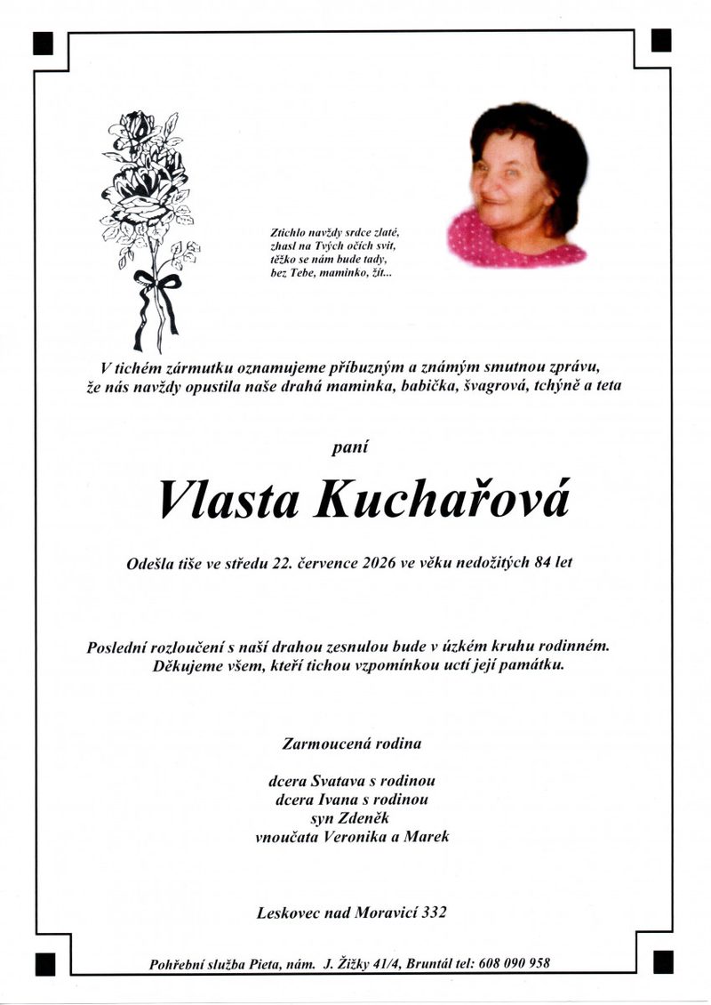 Smuteční oznámení – Vlasta Kuchařová