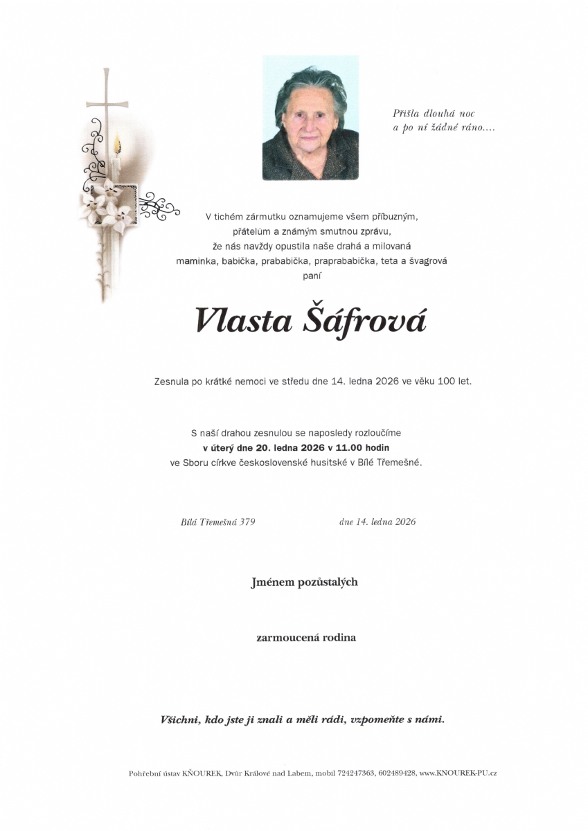 Smuteční oznámení – Vlasta Šáfrová