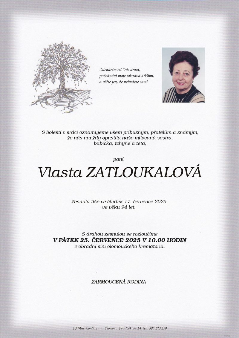 Smuteční oznámení – Vlasta Zatloukalová