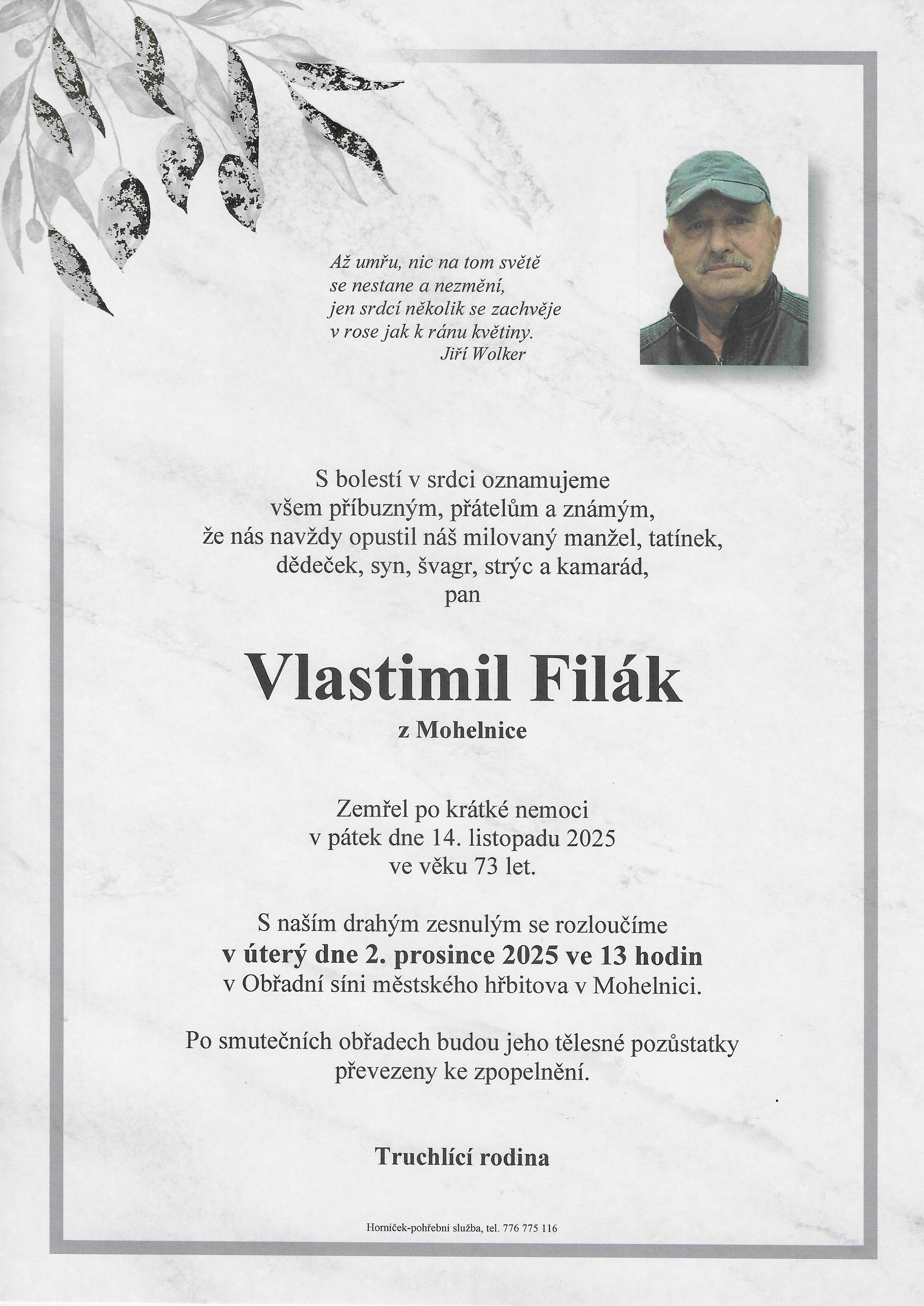 Smuteční oznámení – Vlastimil Filák