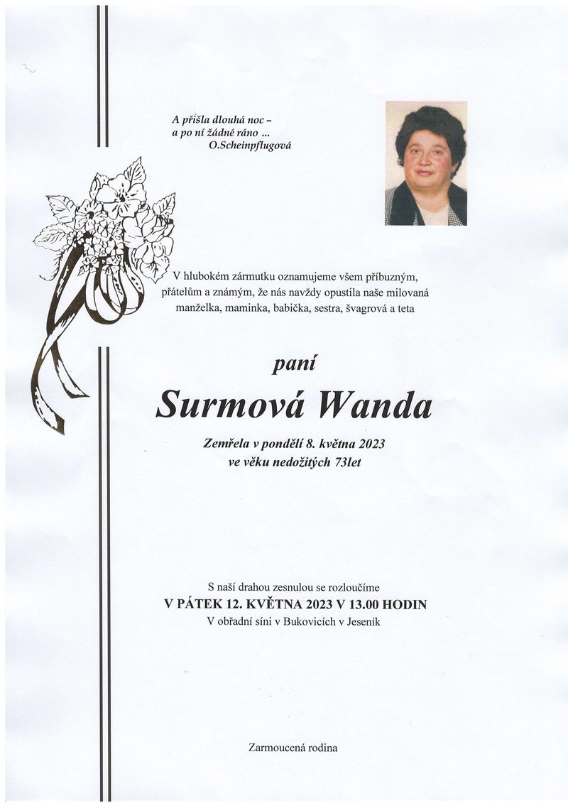 Smuteční oznámení – Wanda Surmova