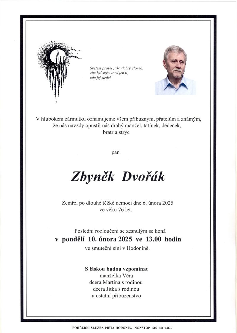 Smuteční oznámení – Zbyněk Dvořák