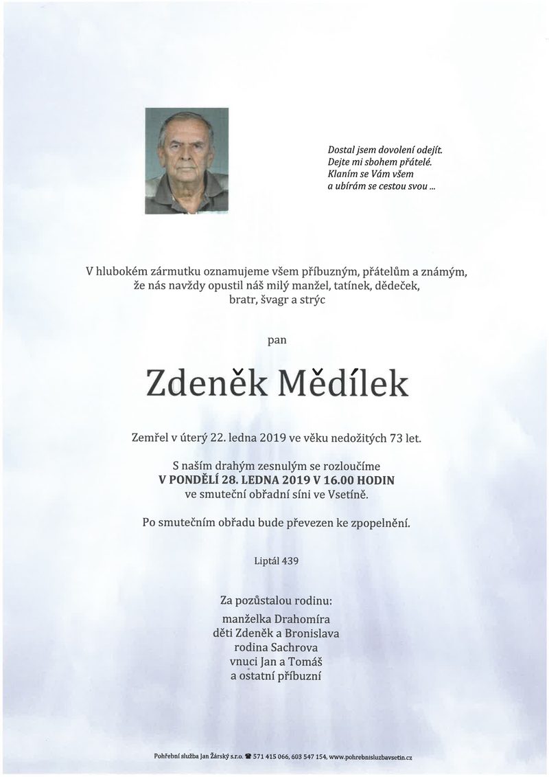 Smuteční oznámení – Zdenek, Medilek