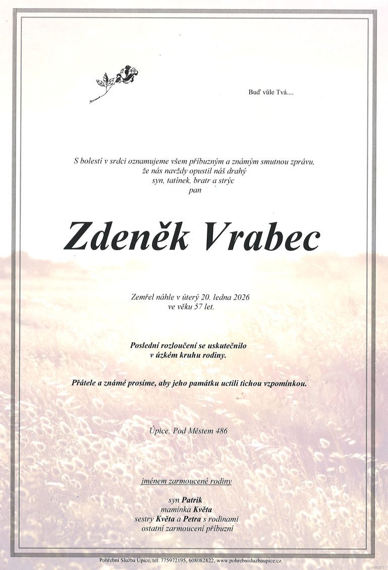 Smuteční oznámení – Zdeněk Vrabec