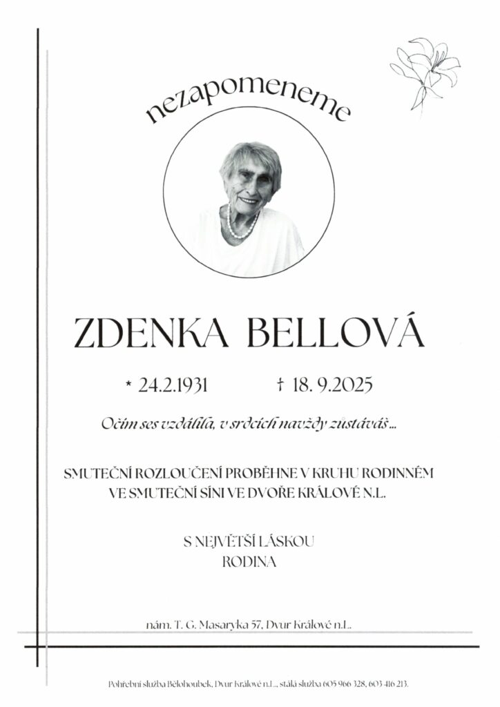 Smuteční oznámení – Zdenka Bellova