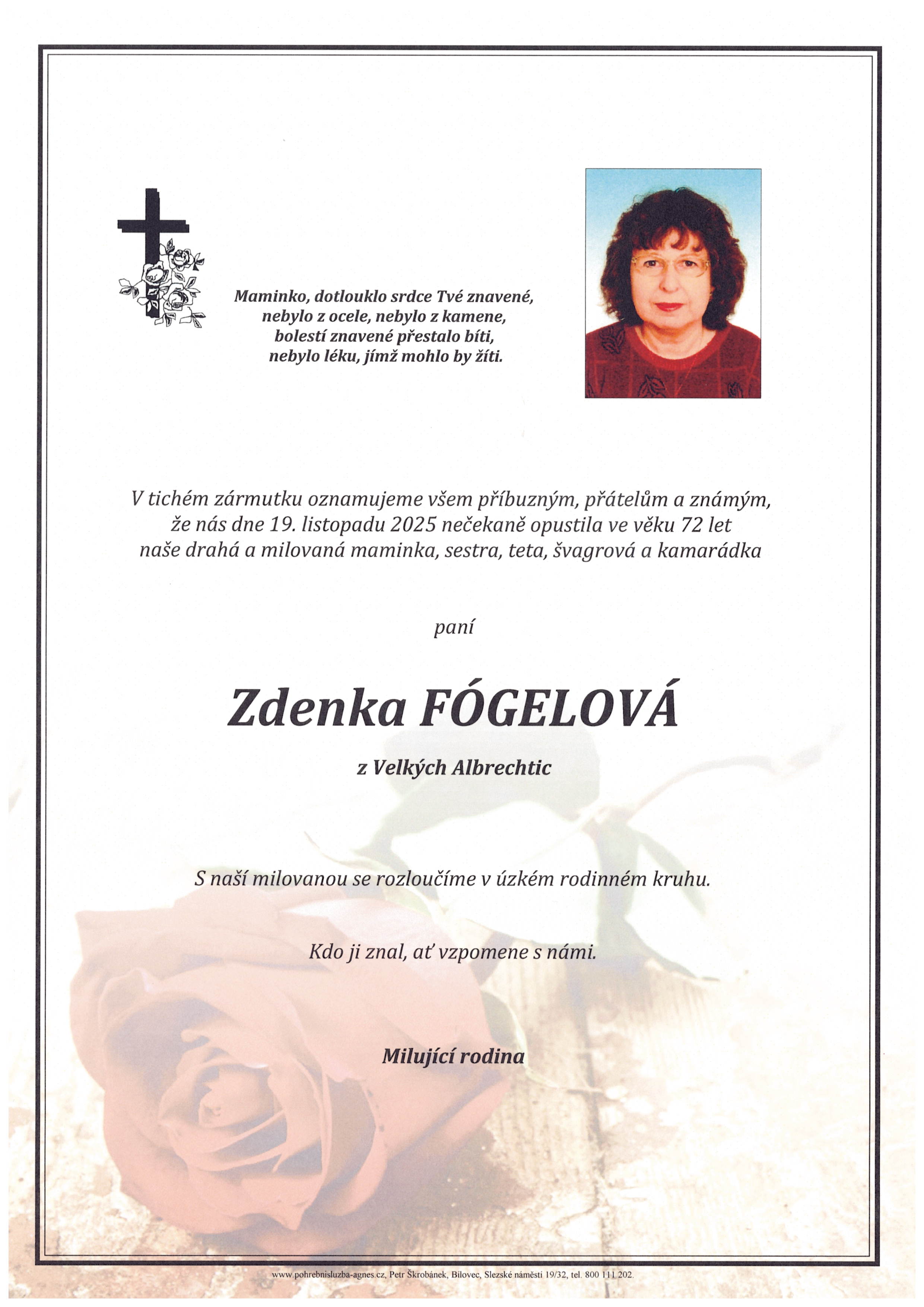 Smuteční oznámení – Zdenka Fógelová