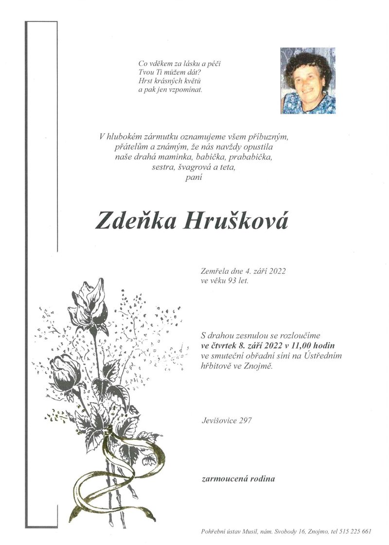 Smuteční oznámení – Zdeňka Hrušková