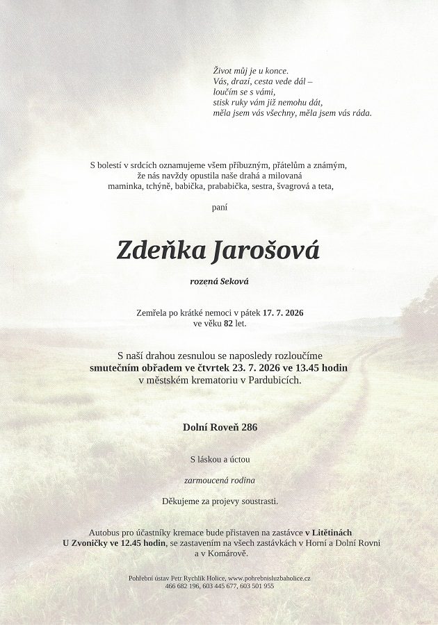 Smuteční oznámení – Zdeňka Jarošová