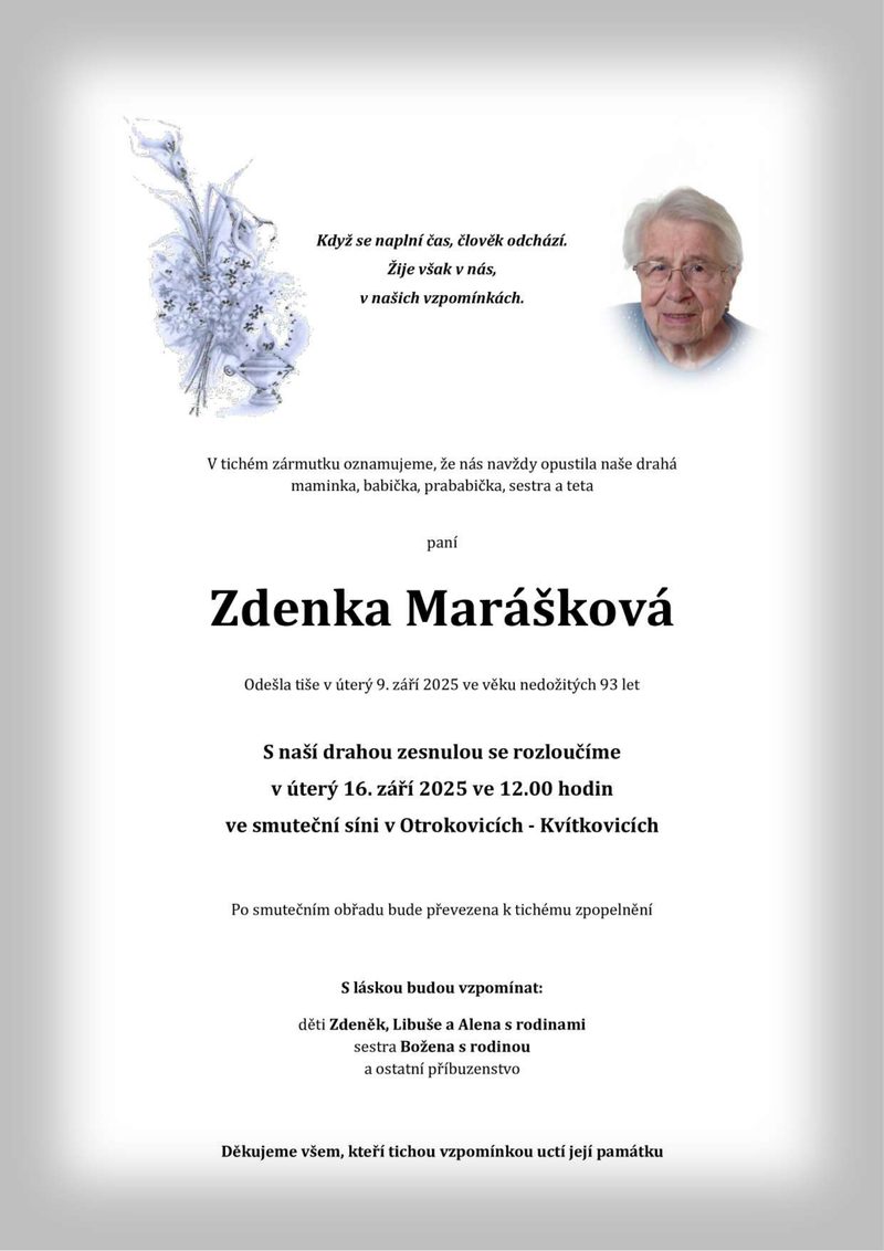 Smuteční oznámení – Zdenka Marášková