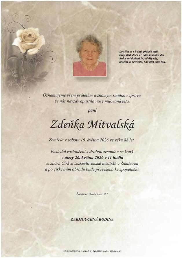 Smuteční oznámení – Zdeňka Mitvalská