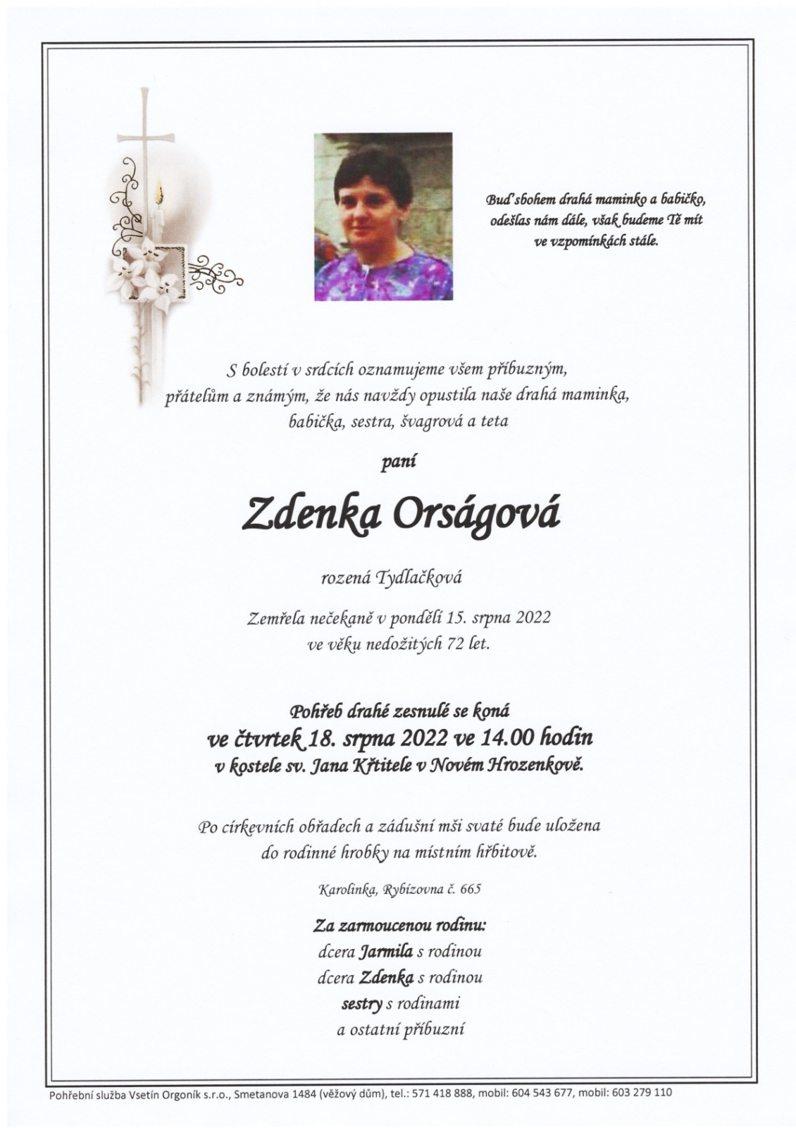 Smuteční oznámení – Zdenka Orságová
