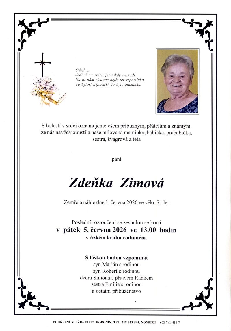 Smuteční oznámení – Zdeňka Zimová