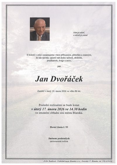 Smuteční oznámení – Jan Dvořáček
