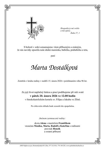 Smuteční oznámení – Marta Dostálková
