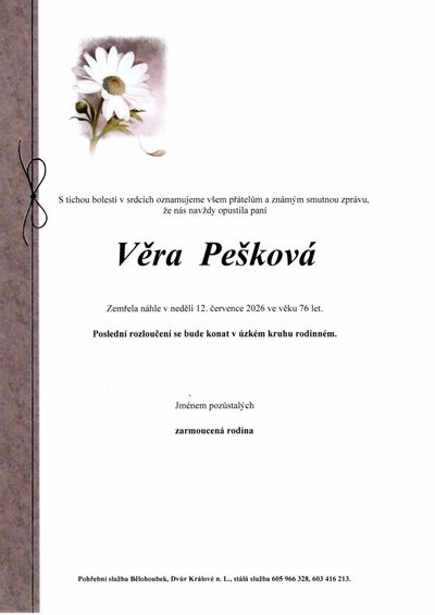 Smuteční oznámení – Vera Peskova