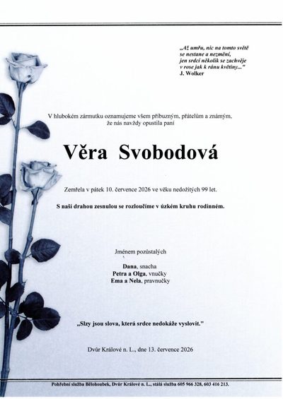 Smuteční oznámení – Vera Svobodova