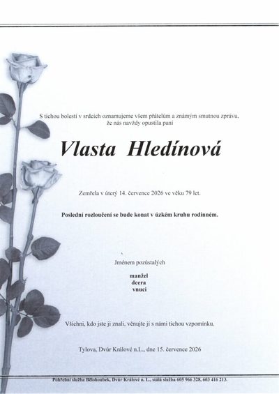 Smuteční oznámení – Vlasta Hledinova