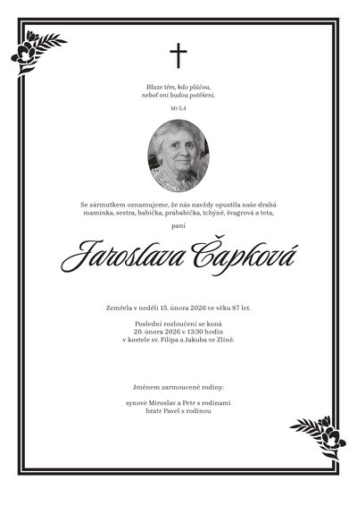 Smuteční oznámení – Jaroslava Čapková