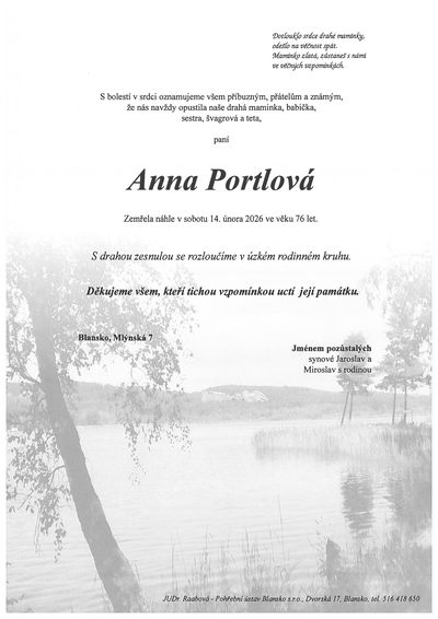 Smuteční oznámení – Anna Portlová