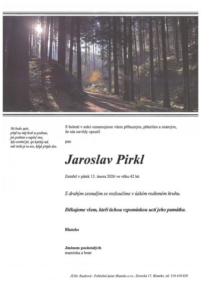 Smuteční oznámení – Jaroslav Pirkl
