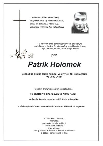Smuteční oznámení – Patrik Holomek