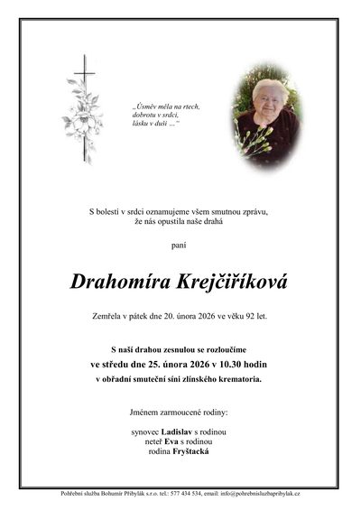 Smuteční oznámení – Drahomíra Krejčiříková