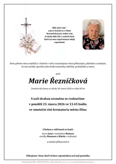 Smuteční oznámení – Marie Řezníčková
