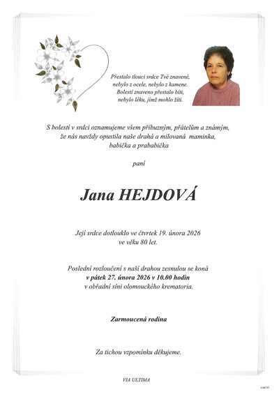 Smuteční oznámení – Jana Hejdová