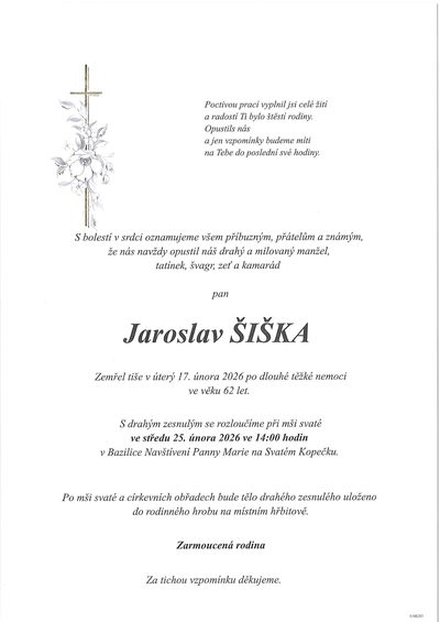 Smuteční oznámení – Jaroslav Šiška