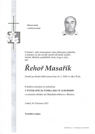 Smuteční oznámení – Řehoř Masařík