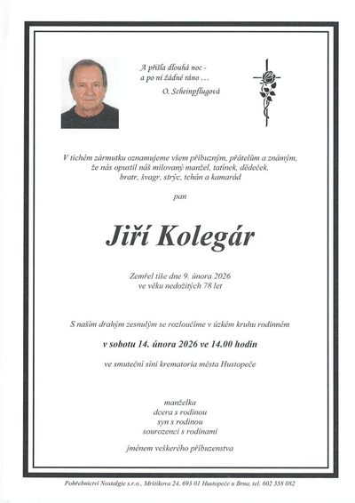 Smuteční oznámení – Jiří Kolegár