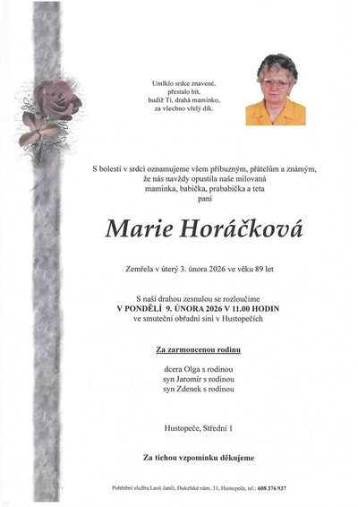 Smuteční oznámení – Marie Horáčková