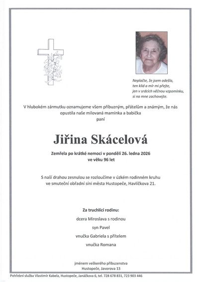 Smuteční oznámení – Jiřina Skácelová