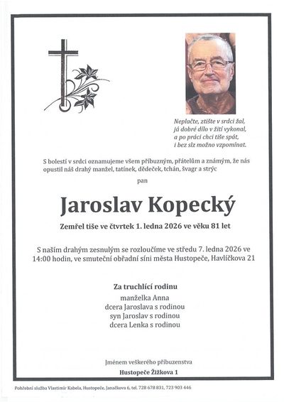 Smuteční oznámení – Jaroslav Kopecký