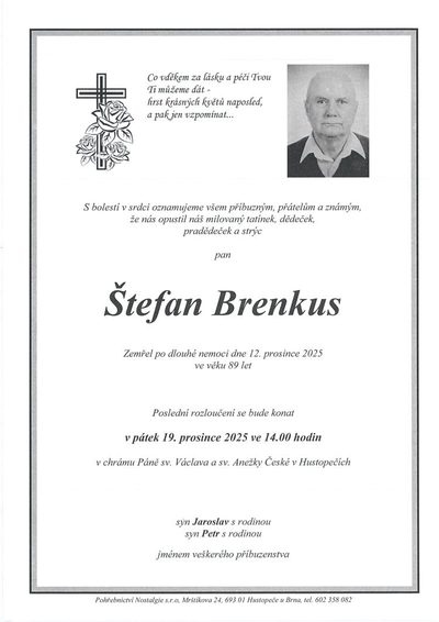 Smuteční oznámení – Štefan Brenkus